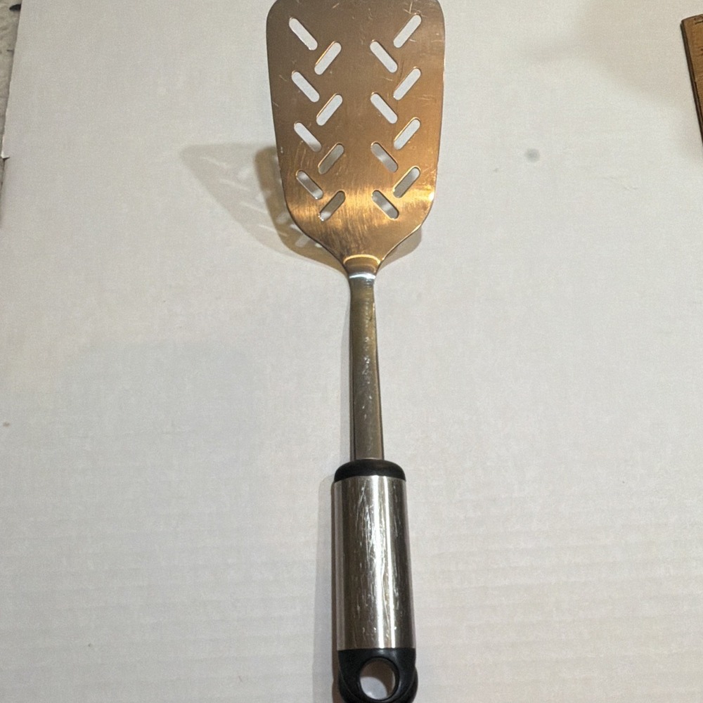 Vintage Hoffritz Stainless Steel Slotted Spatula Hanging Hole Silver Black